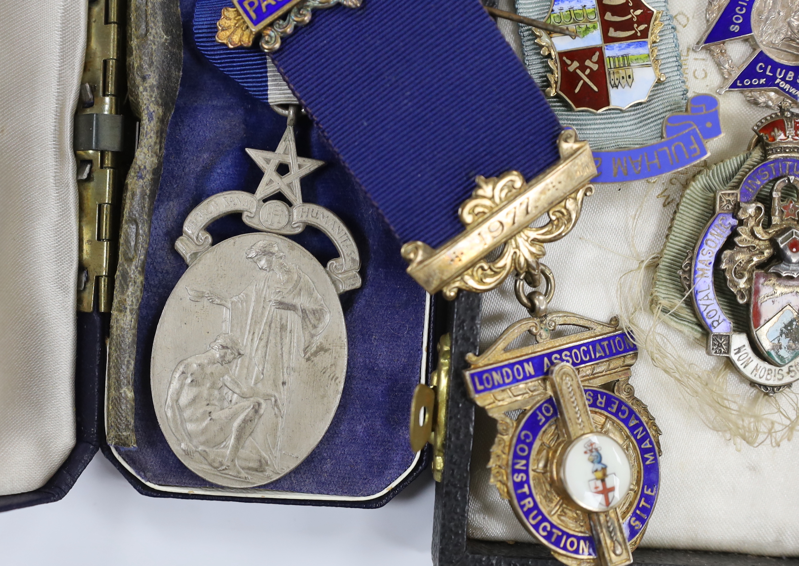 Eight silver and enamel Masonic medals 1930s-1970s, all with silver hallmarks, including; a past president medal, a Fulham lodge medal, a Rifle club medal, a Steward’s medal, an Independent Order of Rechabites S.U., etc.